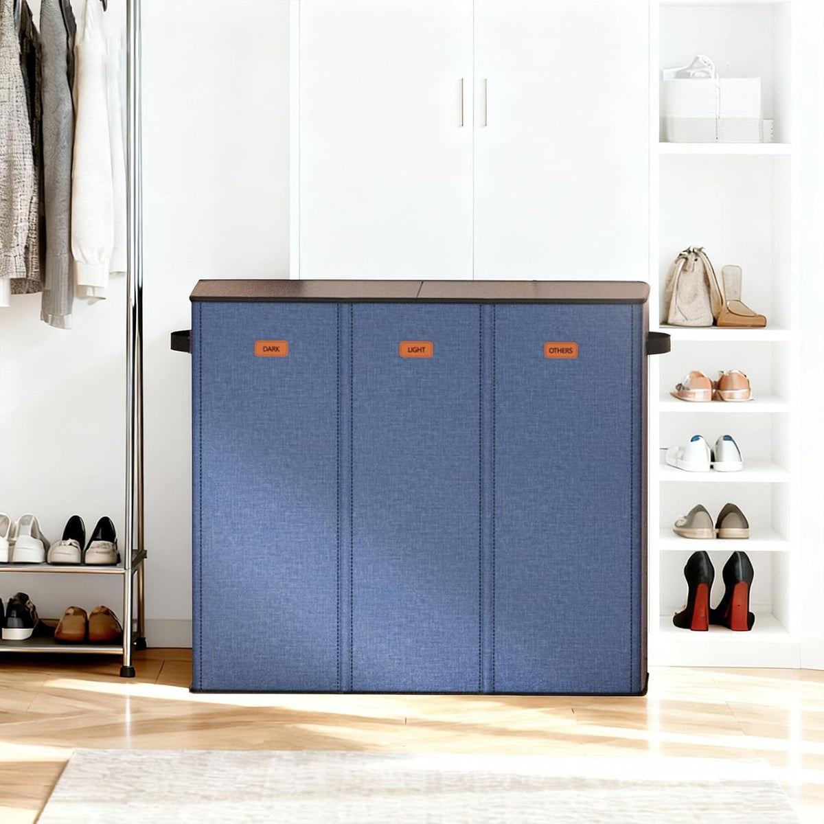 185L Laundry Hamper 3 Section with Lid, Grey Hamper 3 Compartment with 3 Removable Laundry Bags, Large Laundry Basket for Bedroom, Laundry Room, Dorm