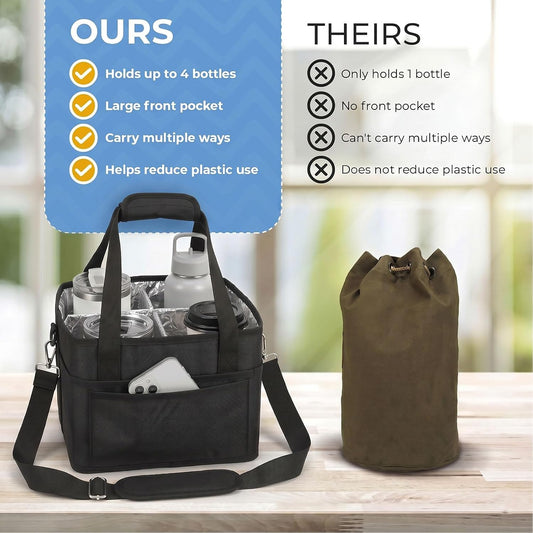 4 Water Bottle Holder with Strap - Multiple Tumbler Insulated Drink Carrier Tote Bag, Reusable Drink Family Size Caddy for Car, Delivery, Adjustable Dividers - 2 in 1 Car Seat Hook Set