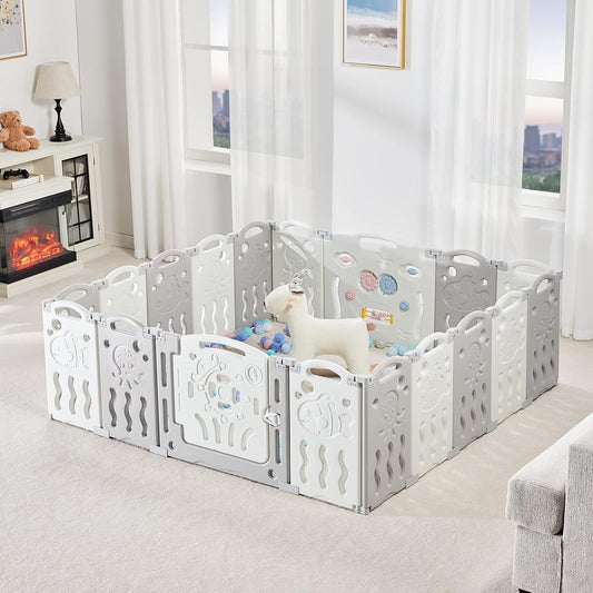 Baby Fence Kid Playpen 18 Panel Play Yard - Foldable Kids Safety Activity Center Playard Safety Lock Gate,Adjustable Shape, Portable Design for Indoor and Outdoor (18 Panel, Grey+White)