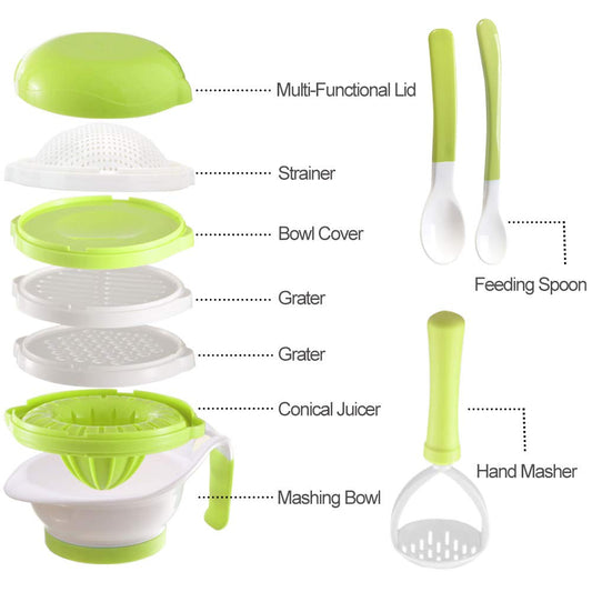 Versatile Baby Food Maker Set - Toddler Food Mills with Mash Bowl, Hand Masher, Citrus Juicer, Grater - Making Homemade Baby Food - Fruits and Vegetables Masher - No BPA ( Green)