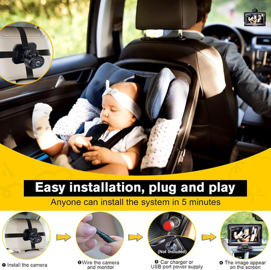 Baby Car Camera Easy Install: Clear Night Vision 2Mins Plug-Play Backseat Camera 360 Rotation Rear Facing Car Baby Monitor with Camera