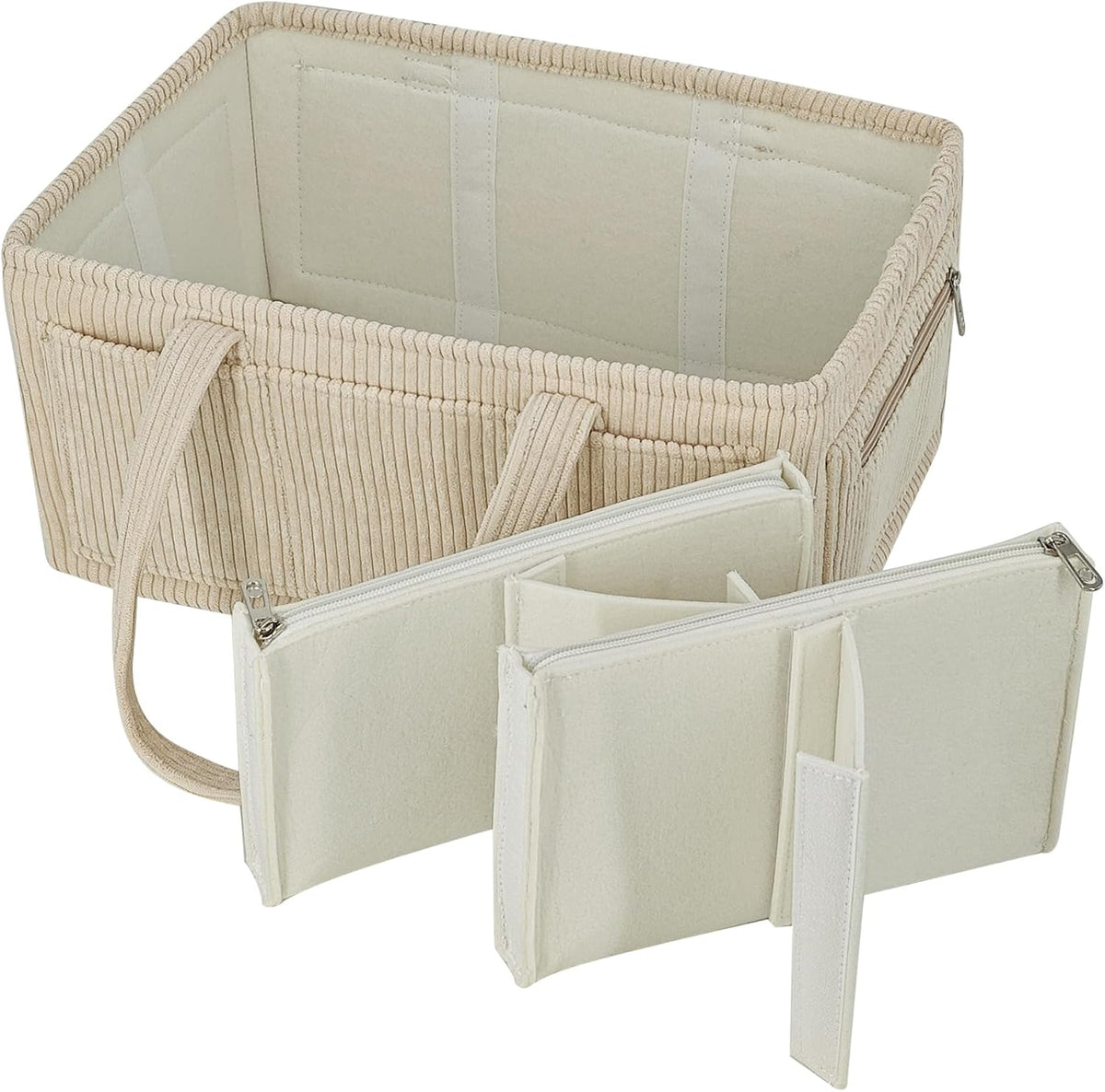Diaper Caddy Organizer Beige Corduroy Nursery Storage Basket with Removable Dividers, Handles, Zippered Pockets for Baby Essentials