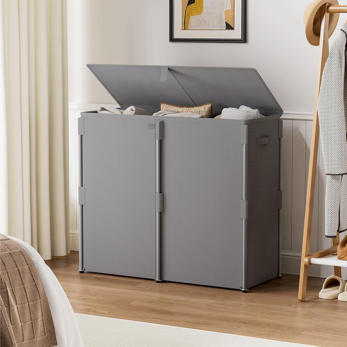 180L Laundry Hamper with Lid 3 Section, Metal Frame Clothes Hamper