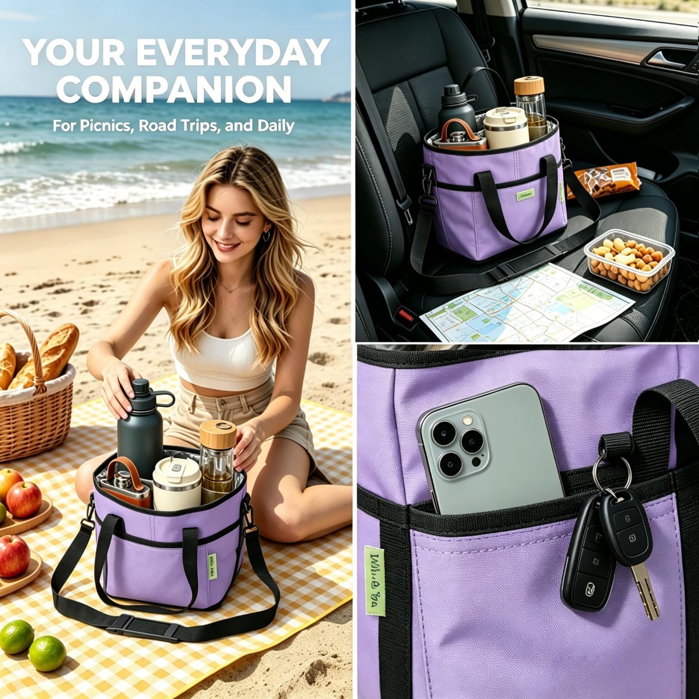 4 Compartment Drink Carrier Bag, Insulated Reusable Tote for 4 Tumblers with Adjustable Strap, Perfect for Car Travel, Camping, Picnic, Family Outings