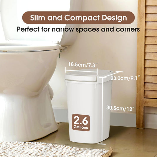 CEROELDA Bathroom Trash Can with Lid, 10L/2.6 Gal Small Garbage Can with Press Top Lid, Slim Plastic Waste Basket for Toilet, Office, Bedroom (Muti 1)