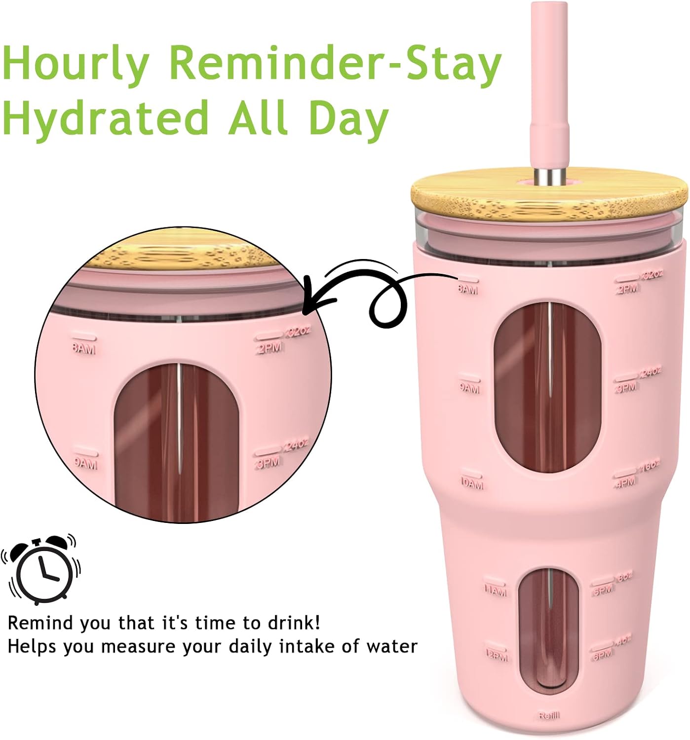 32 Oz Tumbler with Straw and Lid, Drinking Glass Cup with Time Marker, Silicone Sleeve, Fits Cup Holder and Without BPA for Smoothie, Tea, Iced Coffee (Pink)