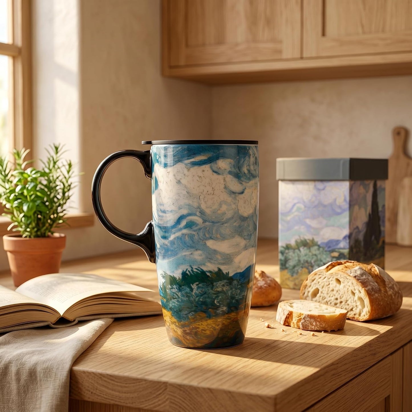 17oz Van Gogh Wheat Field Ceramic Travel Mug with Lid & Gift Box | Post Impressionist Art Coffee Cup, Microwave & Dishwasher Safe Large Latte Tea Mug, Car cupholder fit