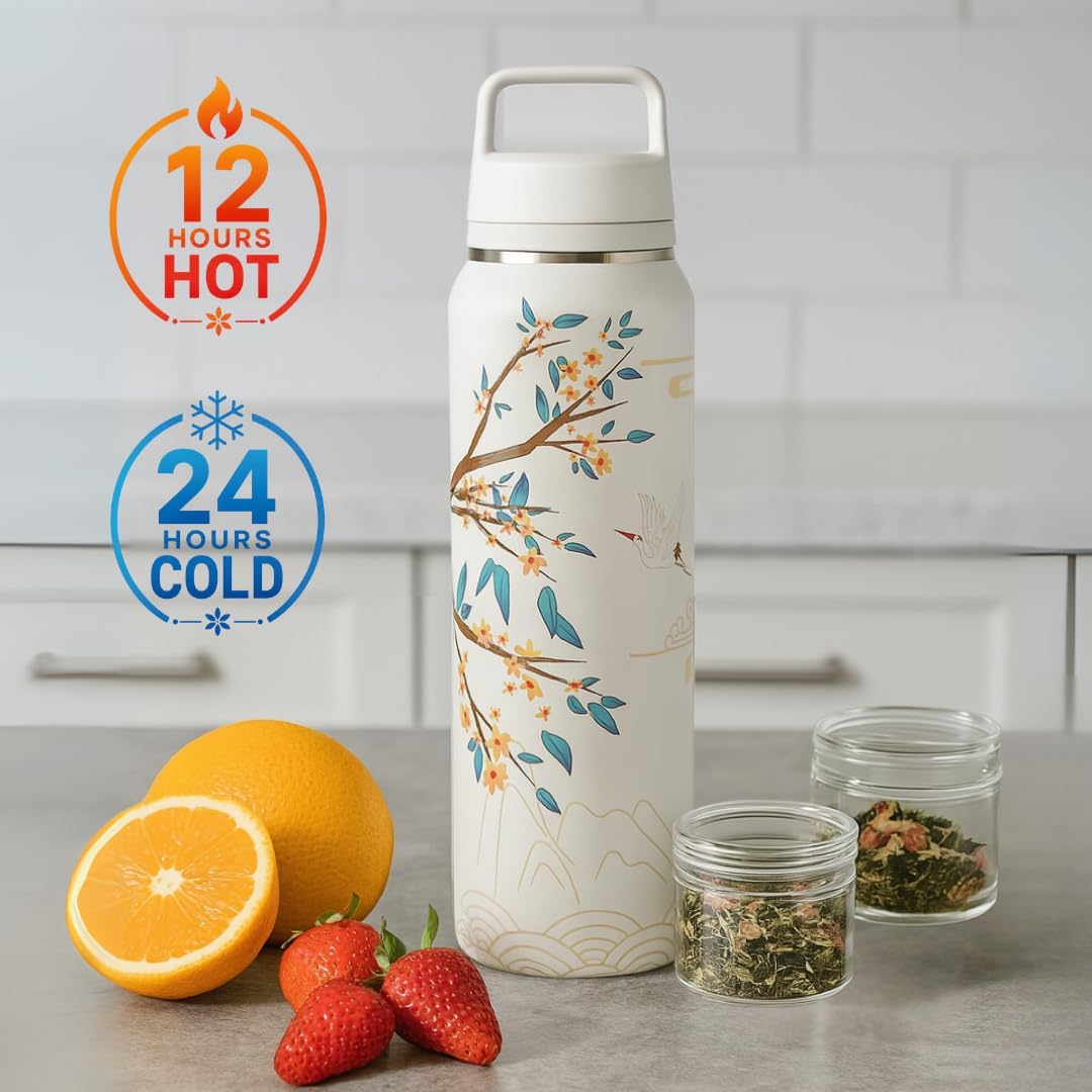 Farasi Loose Leaf Tea Infuser Bottle Wide Mouth Coffee, Fruit, Insulated Stainless Steel Water Bottle Infuser Tumbler - Leakproof Built In Handle Travel Mug Pink Floral 24 oz