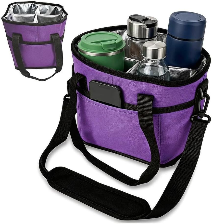 Portable 4 Compartment Insulated Drink Tote, Family Size Cup Carrier with Handle & Adjustable Shoulder Strap, Reusable Bag for Coffee Tumblers Bottles Outdoor Commute