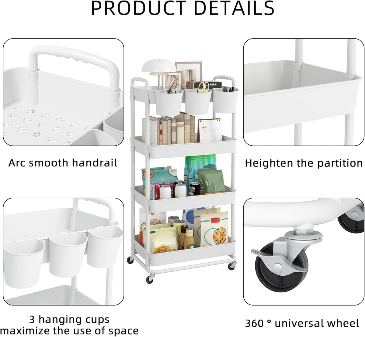 4-Tier Plastic Rolling Storage Cart Utility Cart White