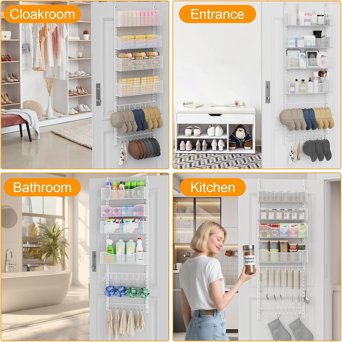 Over the Door Organizer, 2 in 1 Metal Hanging Closet Organizer & Hat Rack with 4 Adjustable Baskets, 8 Hooks, 10 Clips, Behind The Door Storage for Bedroom, Bathroom, Entrance, Closet, Kitchen, Black