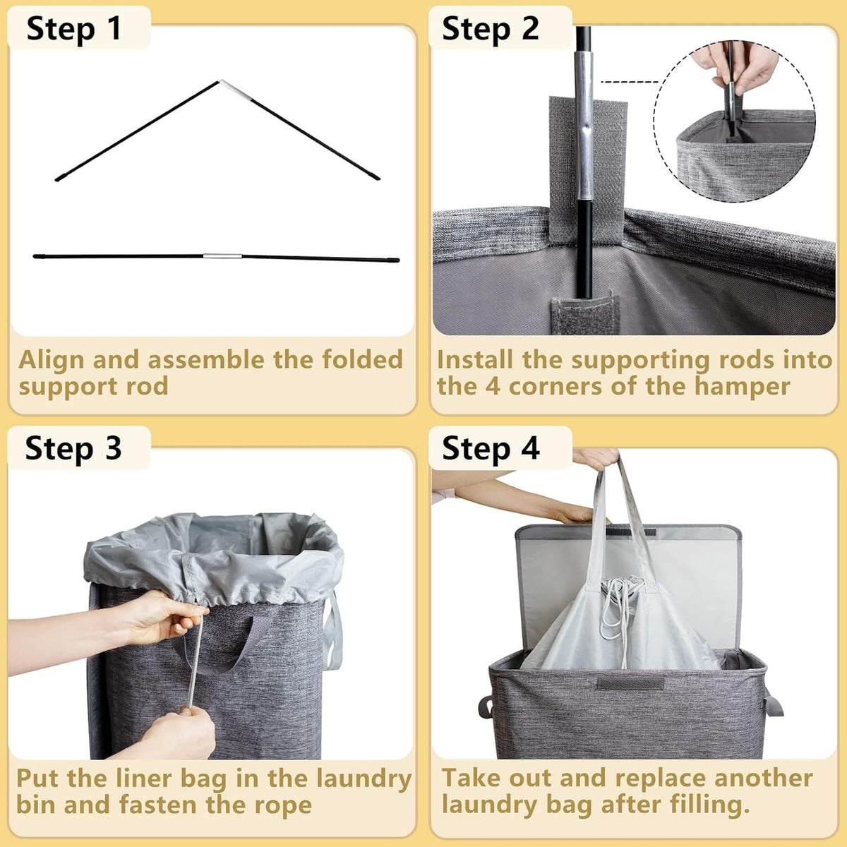 Foldable Laundry Hamper with 2 Removable Drawstring Bags,Portable Laundry Basket with Lid & Easy Carry Handle,Durable Clothes Hamper for Space-Saving Organizer in Bedroom,Bathroom,Dorm,Nursery,RV,Grey