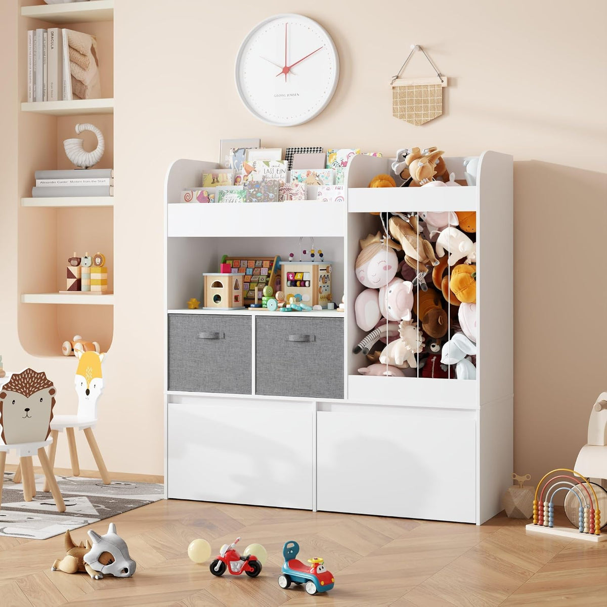 Kids Bookshelf, Stuffed Animal Storage with Play Mat, Wooden Toy Storage Organizer with 2 Movable Drawers and 3 Tier Bookshelf for Kids Room, Playroom, Nursery, Easy Assembly, White