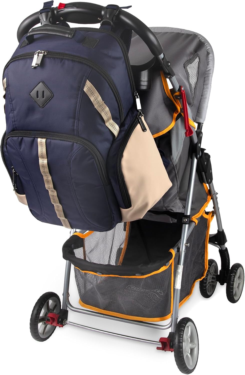 Baby Essentials Super Cooler Two Compartment Diaper Bag Backpack with Changing Pad, Stroller Straps, Insulated Bottle Compartment (Navy/Tan)