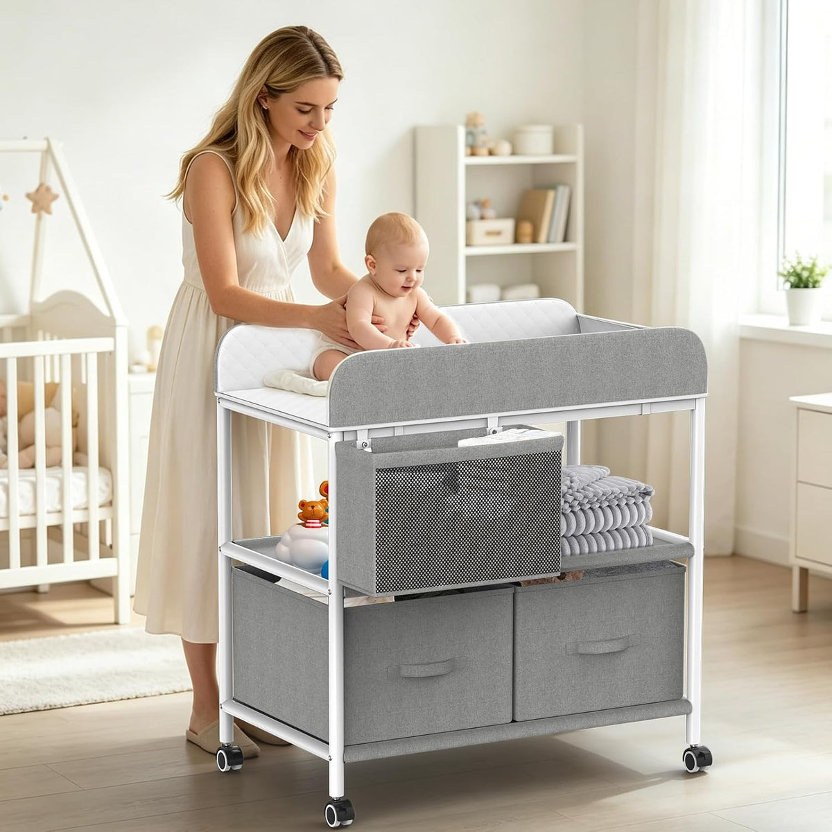 Baby Changing Table, Portable Diaper Changing Station, Changing Table with Wheels, Waterproof Changing Pad, Removable Storage Baskets & Safety Belt, Mobile Nursery Organizer for Newborns