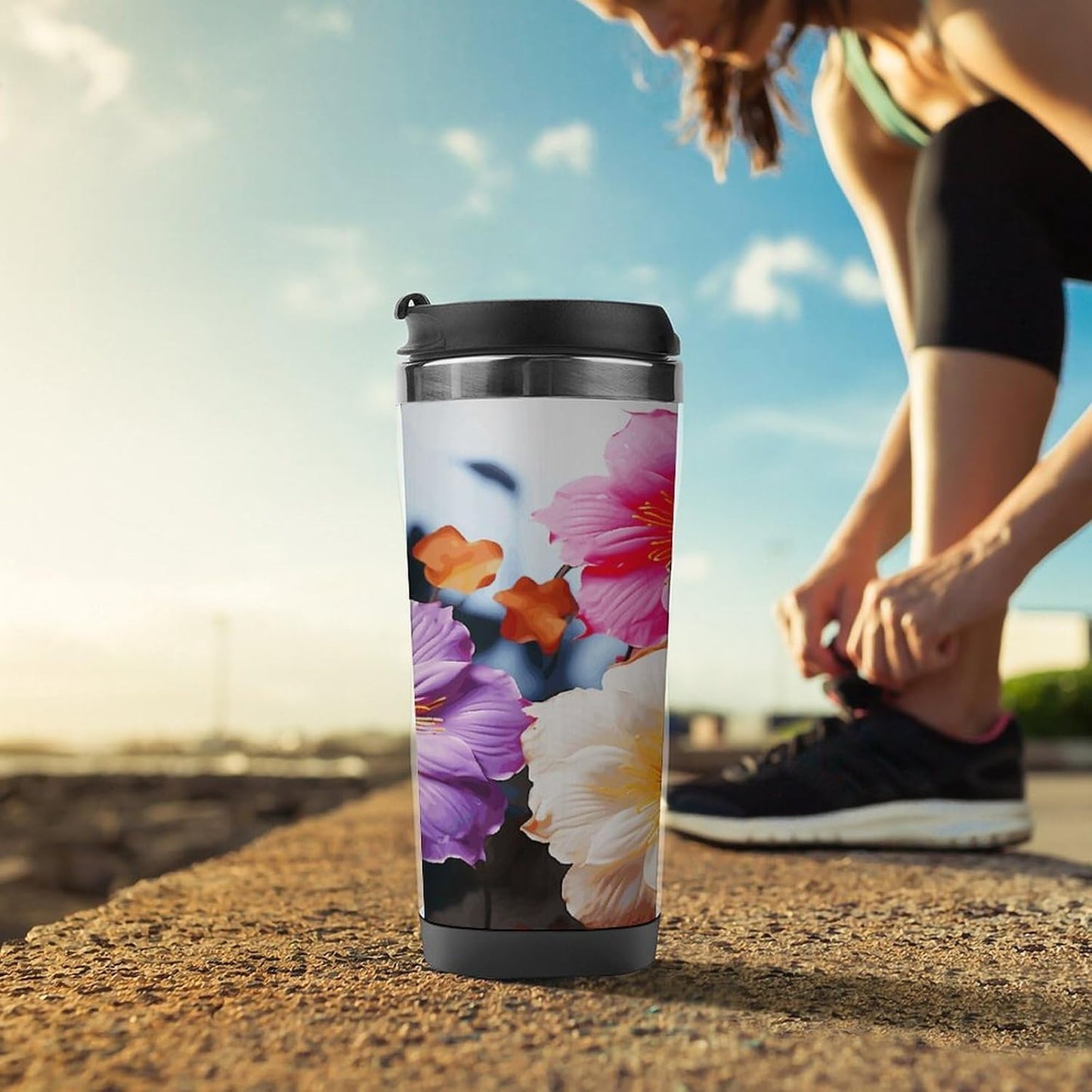 13oz Insulated Travel Coffee Mug Reusable Coffee Cup Water Bottle | 3 Colorful Flowers Travel Mug with Leak Proof Lid Double Wall Stainless Steel Coffee Tumbler Personalized Gift
