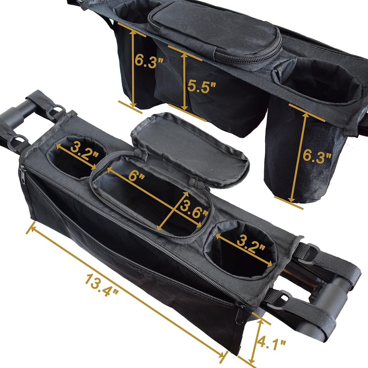 Non-Slip Organizer for Wagon, Parent Console Caddy with Cup Holders Universal for Folding Kids Pet Stroller Adjustable Straps Zippered Pockets Storage Phone Bag Attachment Accessories Black