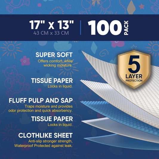 100 Pack Disposable Baby Changing Pads Super Absorbent Waterproof Bed Protector Underpads, Diaper Changing Pad Potty Training Liners 17 X 13 Inches