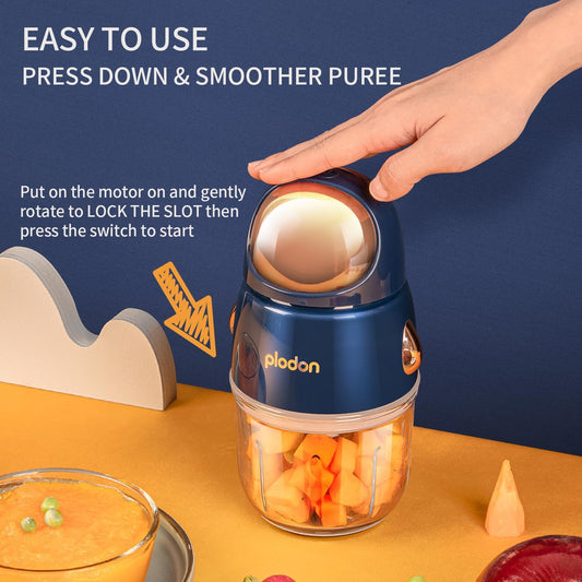 Baby Food Maker Mini Cute and Small Food Processor Puree Blender Grinder Chopper 300ml Cup Glass Bowl with 8 Blade Electric (Spaceman-Blue)