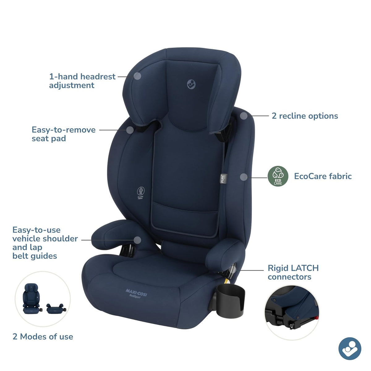 RodiSport Kids Booster Car Seat, High-Back, Backless Booster Seat, 10-Position Headrest, Easy Latch System, Reclining Chair, Belt Guide, Fits 40-100 lbs, 43.4-57 in, Sea Salt