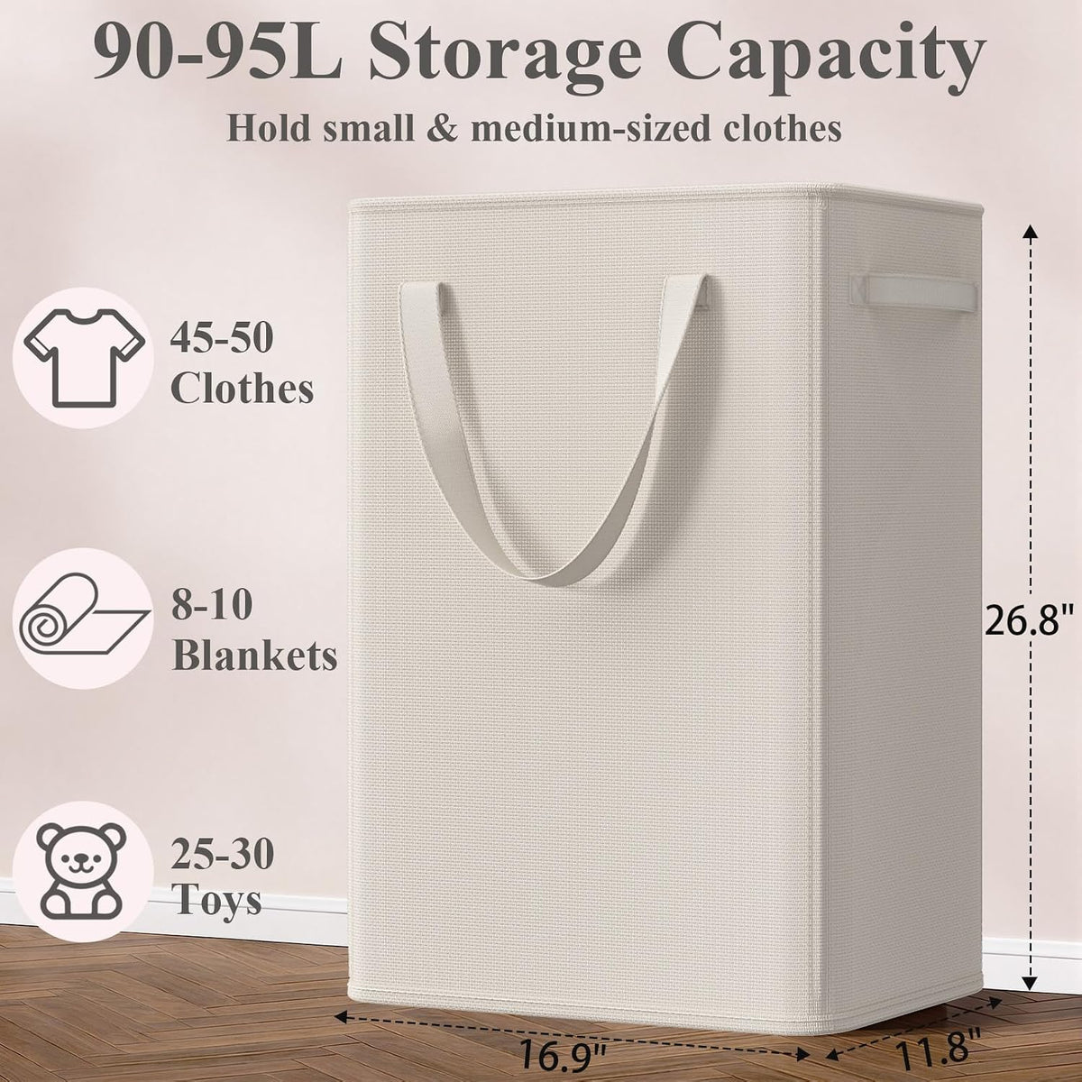 50L Slim Laundry Hamper, Baby Hamper for Nursery with Handles, Narrow Laundry Basket for Dorm, Bedroom, Living Room, Collapsible Laundry Basket, White