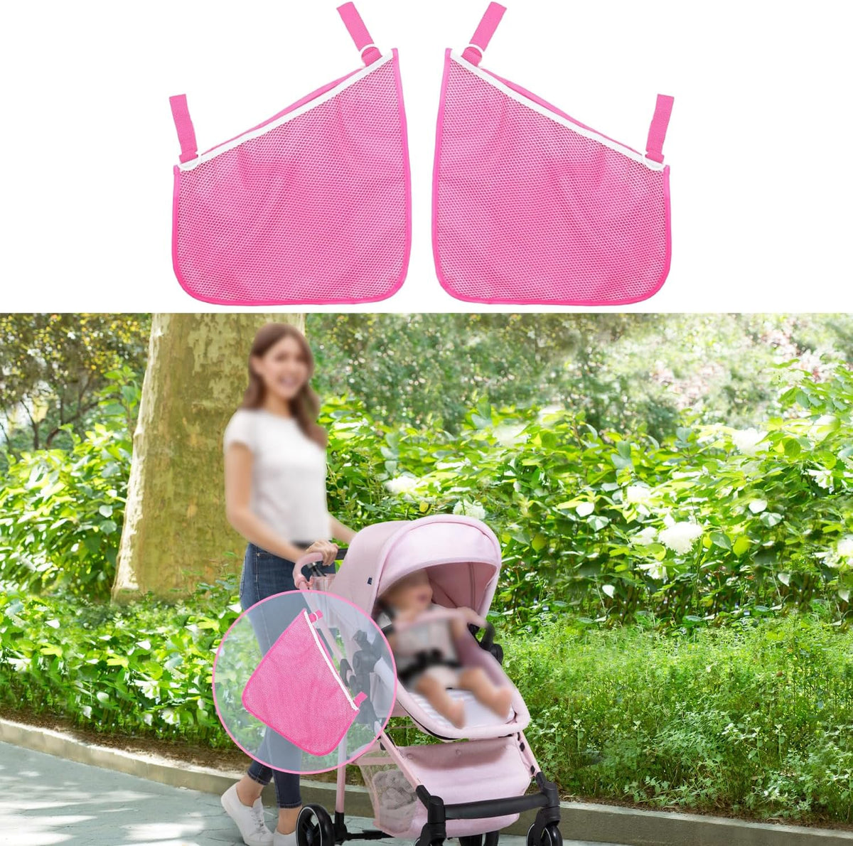 2 Pack Side Sling Cargo Stroller Net, Universal Stroller Organizer Bag,Pink