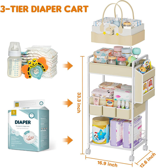 2In1 Baby Diaper Caddy & 3-Tier Rolling Diaper Cart, Diaper Caddy Organizer with Dividers & Pockets, Mobile Metal Utility Cart for Baby Essentials, Bedroom, Kitchen & Office