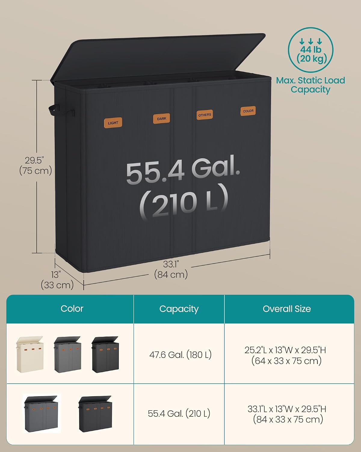 SONGMICS 160L Laundry Hamper, 4-Compartment Laundry Sorter with Lid
