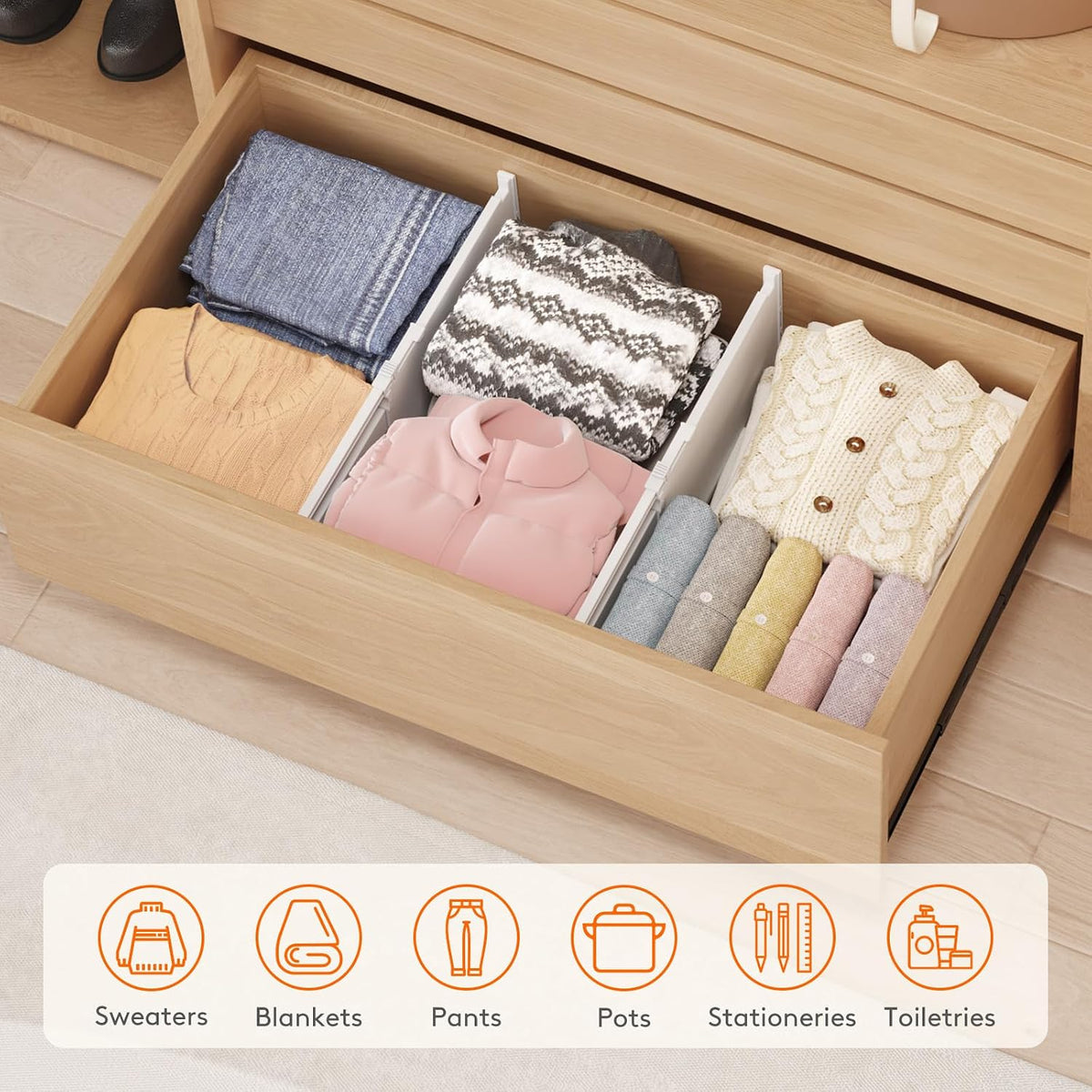 8" Tall Drawer Dividers, Adjustable Deep Drawer Organizer Clothes