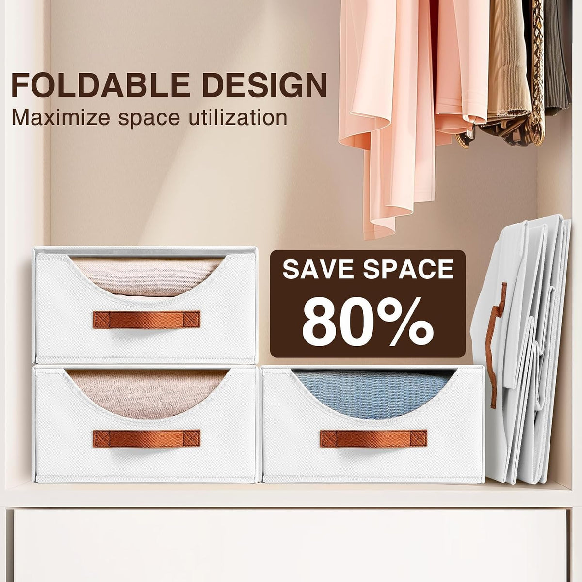 Stackable Storage Drawers - Collapsible Storage Bins with Drawers, Closet Shelf Organizer Basket, Fabric Pull Out Organizer for Bedroom, Living Room, Dorm, Beige
