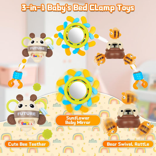 Baby Activity Stroller Arch Toys,Car Seat Toys for Adjustable Bouncer Arch Crib Bassinet Hanging Toys Mobile Clip on Stroller Developing Motor Infants Toddlers Skills with Rattle,Mirror,Teether Gift