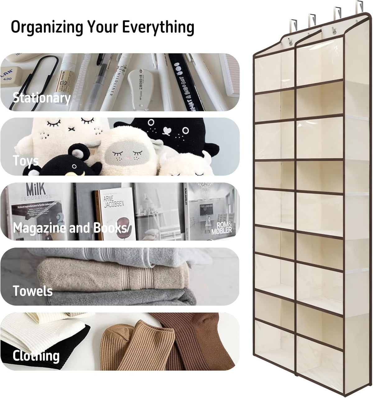 White Over Door Organizer with 10 Large Clear Pockets, Double-Row Hanging Door Storage for Closet, Bathroom, Nursery, Bedroom, Dorm, Toys, Toiletries, Baby Essentials