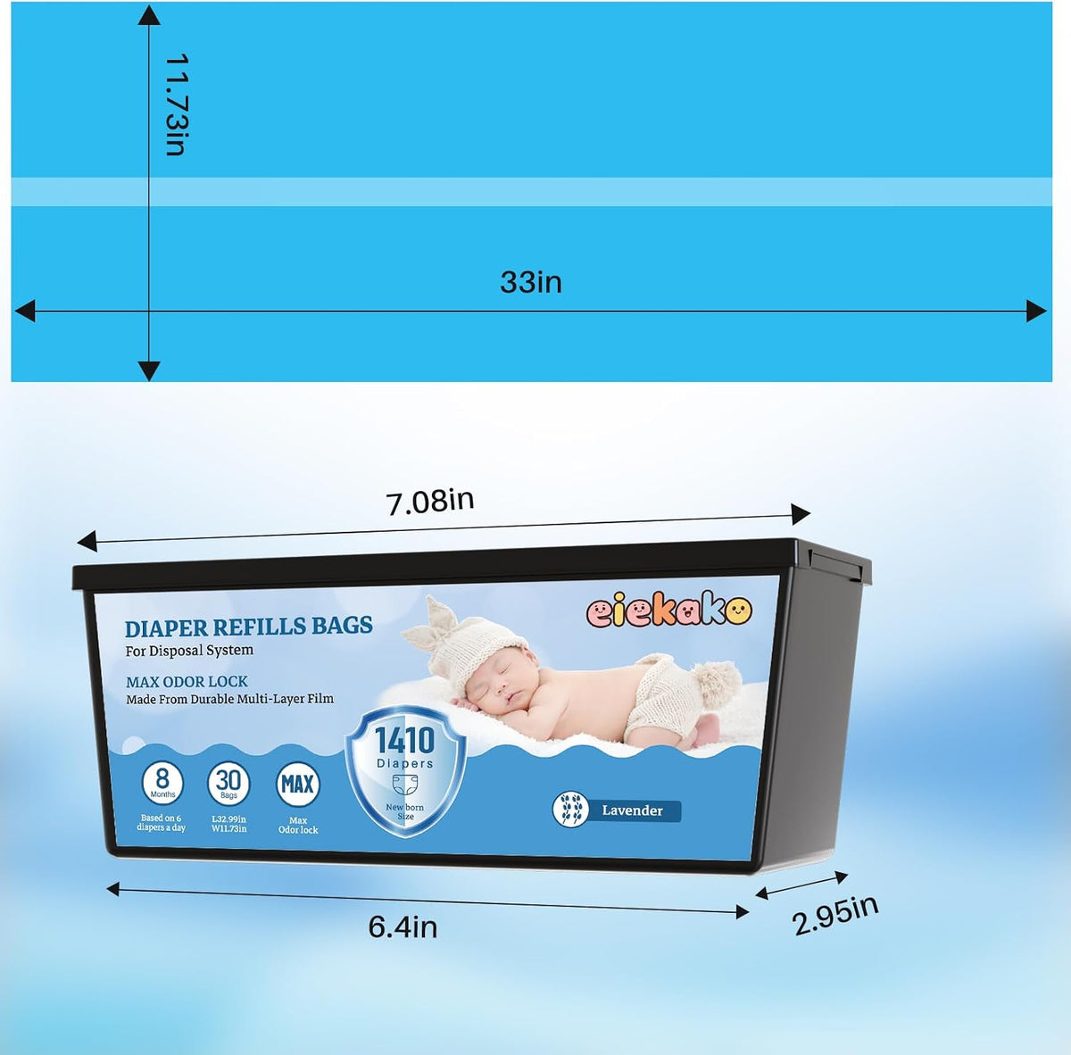 Diaper Refill Bags Compatible with Genie Easy Roll & Platinum Diaper Pails, 7-Layer Odor Control, Extra Thick, 3-pack (90 Bags), Holds up to 4200 Newborn Diapers