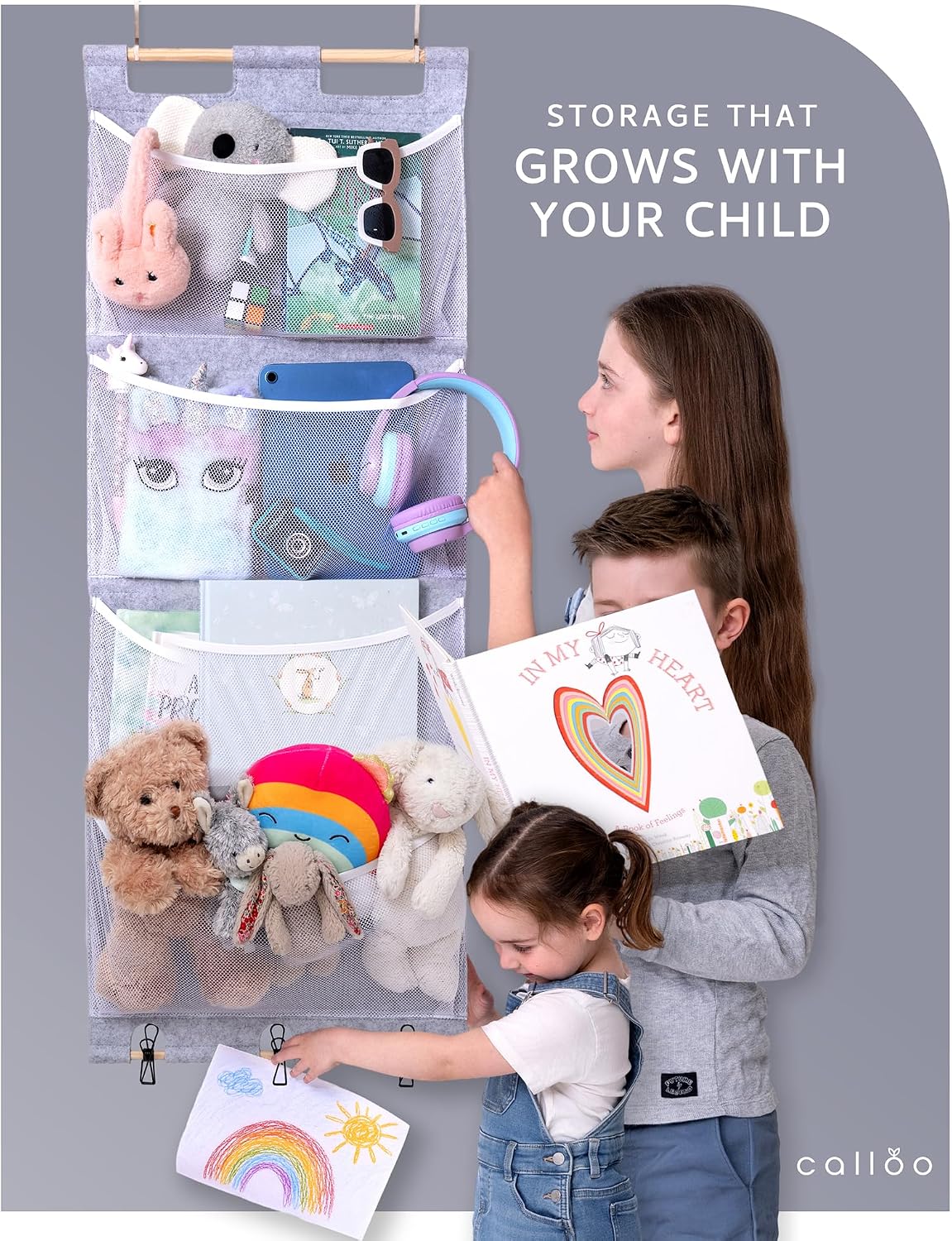 Over the Door Stuffed Animal Storage for Kids – Felt Organizer with Clips to Display Art and Mesh Pockets for Stuffies, Books and More – Space-Saving Hanging Design that Grows with your Child