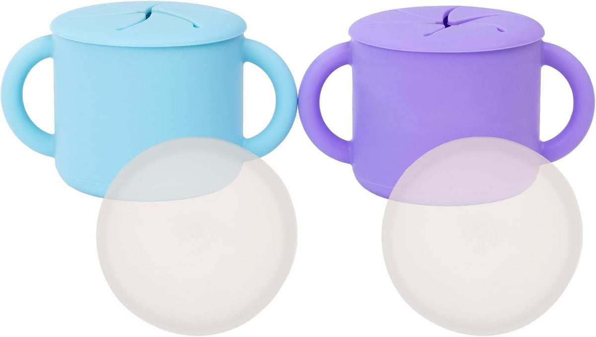 Snack Containers, Food Grade Silicone Cups, Spill-Proof Tops For Toddlers and Babies, Premium Hard Plastic Travel Lids, Dishwasher Safe, Set of 2 Snack Catchers