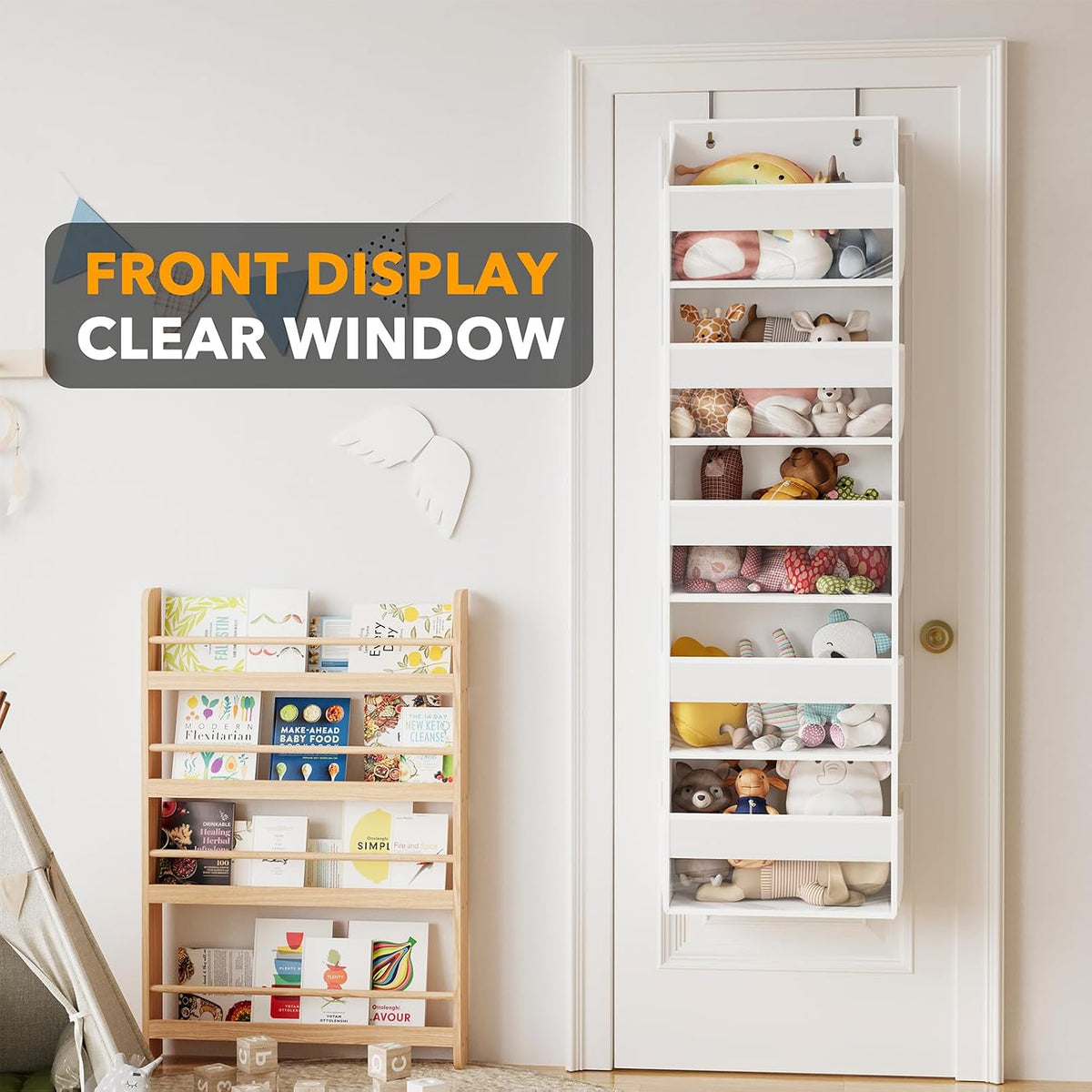 Over The Door Organizer with 5 Large Pockets and 10 Mesh Side Pockets, 5 Layers Door Organizer Hanging with Clear Window for Bedroom, Bathroom, Pantry and Nursery, White