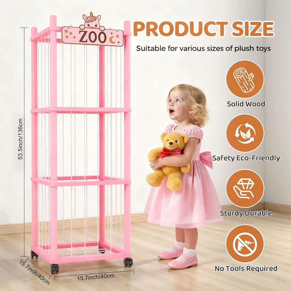 Stuffed Animal Storage Zoo Tower,56In Wooden Large Stuffed Animal Holder Organizer with Wheels,Stuffy Plushies Storage with Elastic Band&Mesh Bottom,Toy Storage Organizers for Playroom Bedroom Nursery