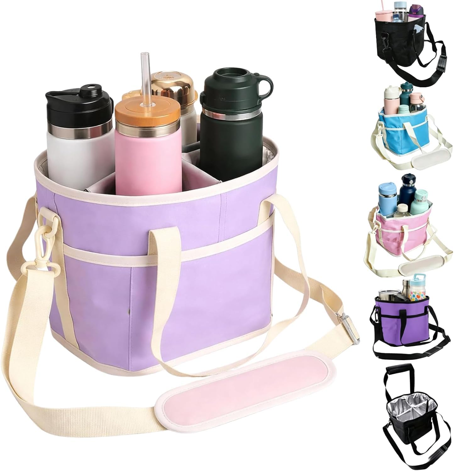 Drink Carrier Bag Insulated 4 Compartment, Multiple Tumbler Carrier Caddy, Family Size 4 Bottles Drink Bag, Water Bottle Holder with Adjustable Strap, Drink Caddy Tote for Coffee, Travel, Outings