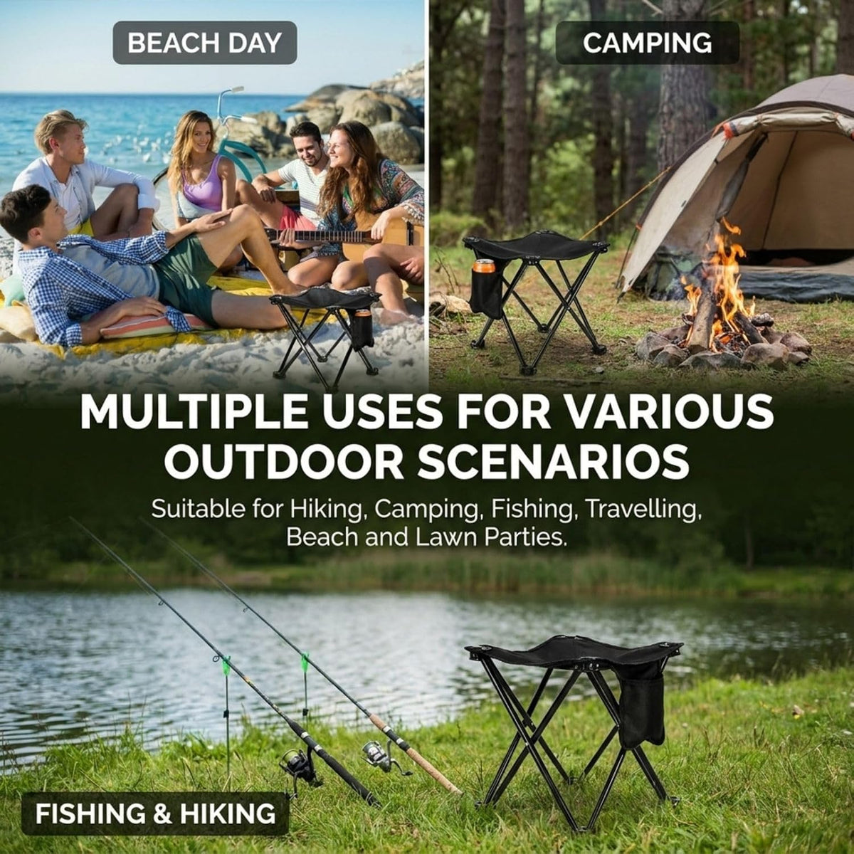 2 Pack Camping Stool, 13 Inch Compact Camping Chair Portable, Lightweight Folding Stool Seat with Side Pocket and Carry Bag for Outdoor Hiking, Fishing, Picnic, Beach and Lawn Party, Black