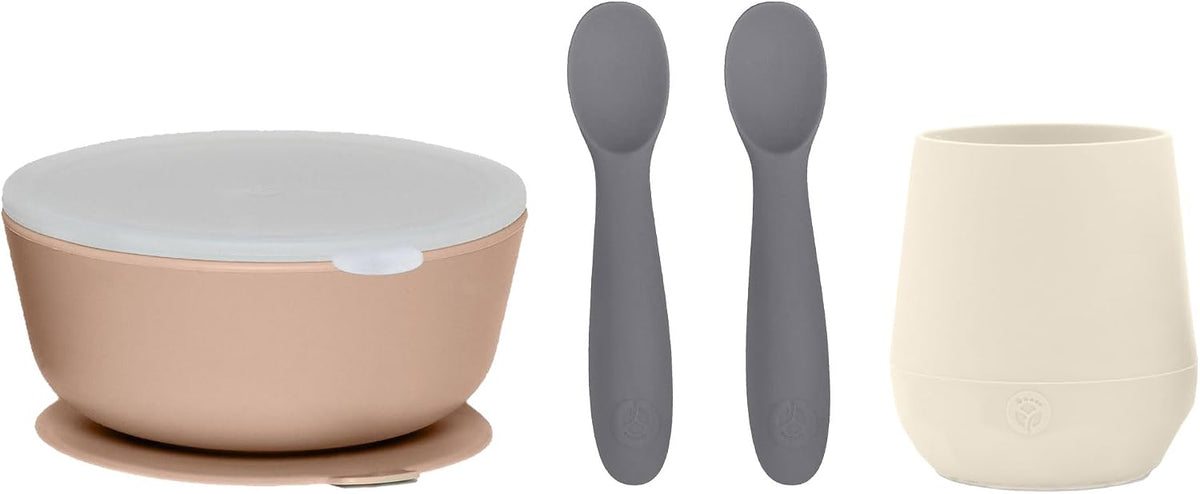 Baby Led Weaning Bundle, Silicone Suction Bowl, Spoons, Bib & Cup, Develops Self Feeding Skills, Dishwasher Safe (Purple)