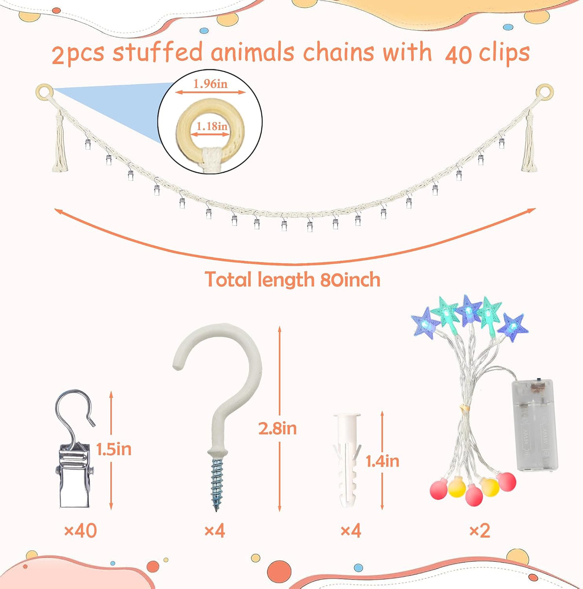 2PCS Stuffed Animals Storage Chain Organizers 80" Cotton Hanging Storage Chain with 2x 10 Led Light 40 Metal Clips Stuffed Animal Display Holder Chain for Nursery Play Room (Purple)