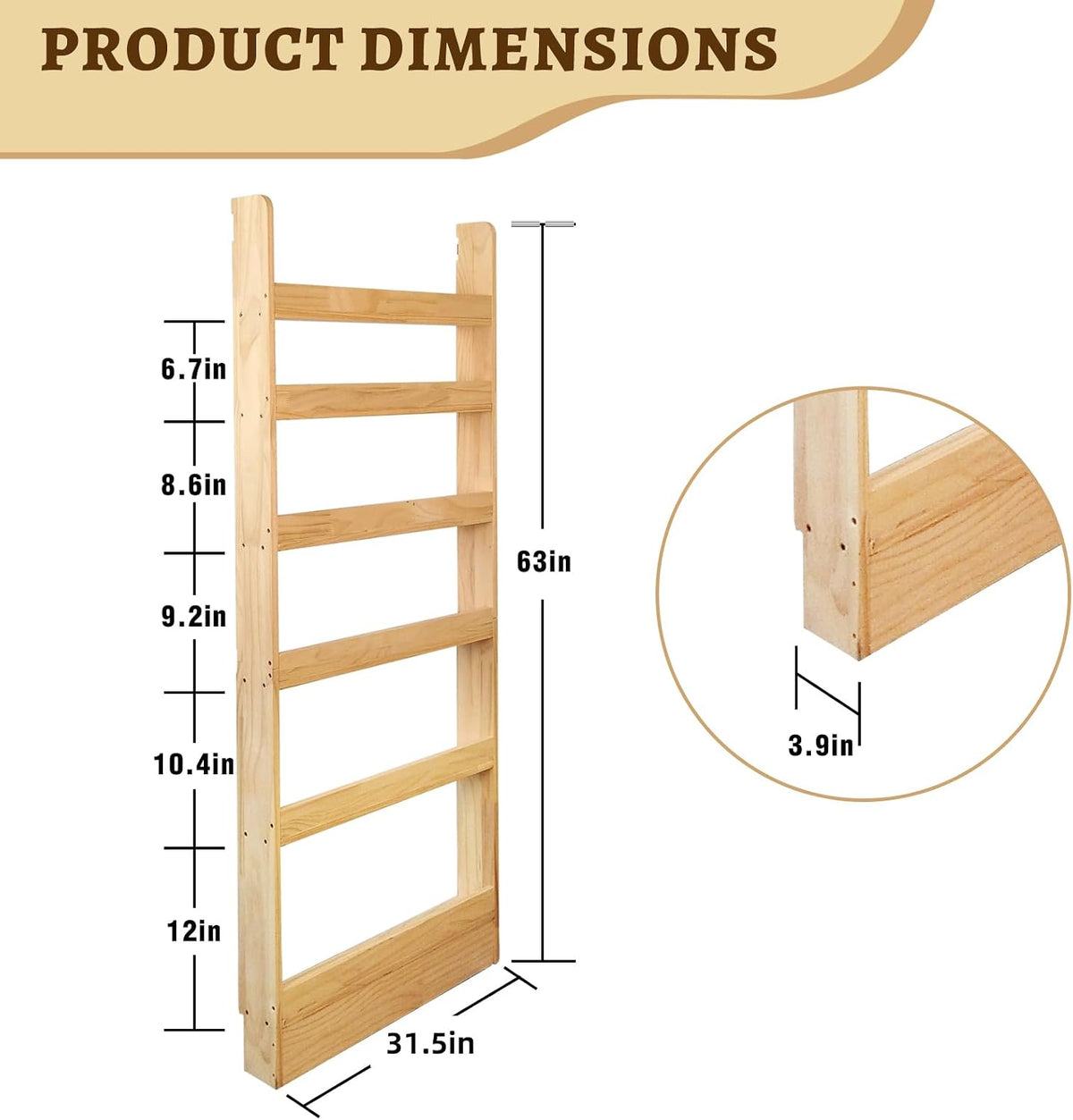 Behind Door Bookshelf Organizer – Solid Wood Wall-Mounted 6-Tier Shelf, No-Paint Eco Design, Space-Saving Storage for Kids & Adults (23.8in)