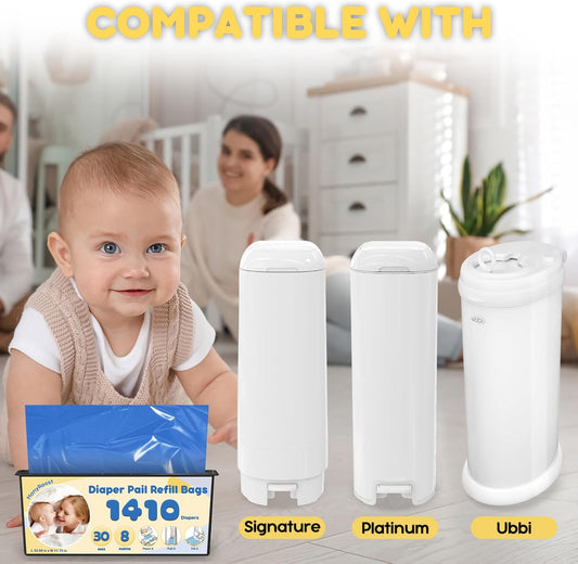 Diaper Pail Refills Bags Compatible with Genie Easy Roll Signature & Platinum Diaper Pails | Holds Up to 1410 Newborn Diapers Per Refill | 7 Layer Odor Barrier Technology, 2Pack(60 Bags)