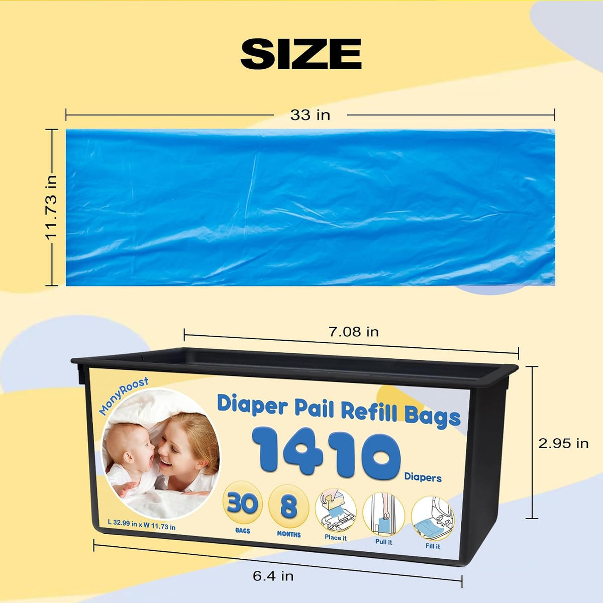 Diaper Pail Refills Bags Compatible with Genie Easy Roll Signature & Platinum Diaper Pails | Holds Up to 1410 Newborn Diapers Per Refill | 7 Layer Odor Barrier Technology, 2Pack(60 Bags)