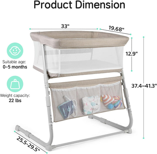 Bassinet Bedside Sleeper, Baby Bassinet Slides Over Bed, 5-Position Height Adjustment & Breathable All-Mesh Wall for Baby, Space-Saving Bedside Crib, Height (37.4-41.3"), Beige