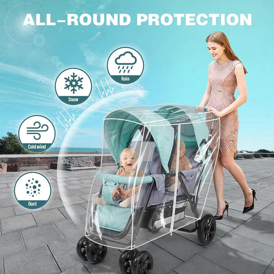Double Stroller Rain Cover, Waterproof Weather Shield for Tandem Double Stroller, Twins Stroller Cover for Rain/Wind/Snow/Cold/Dust, Childseat Stroller Weather Shield, Baby Outdoor Accessories