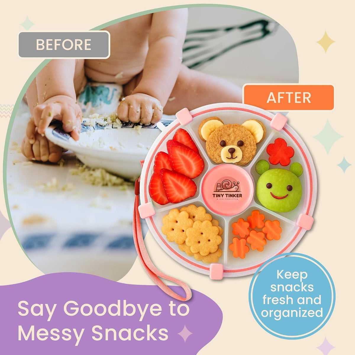 Snack Spinner for Toddlers with Lid, Small 5-Compartment Durable, Portable, Leak-Proof – Easy to Open, BPA-Free, Dishwasher Safe – Perfect for Travel, Daycare, Lunchboxes, and On-the-Go Snacks, Pink