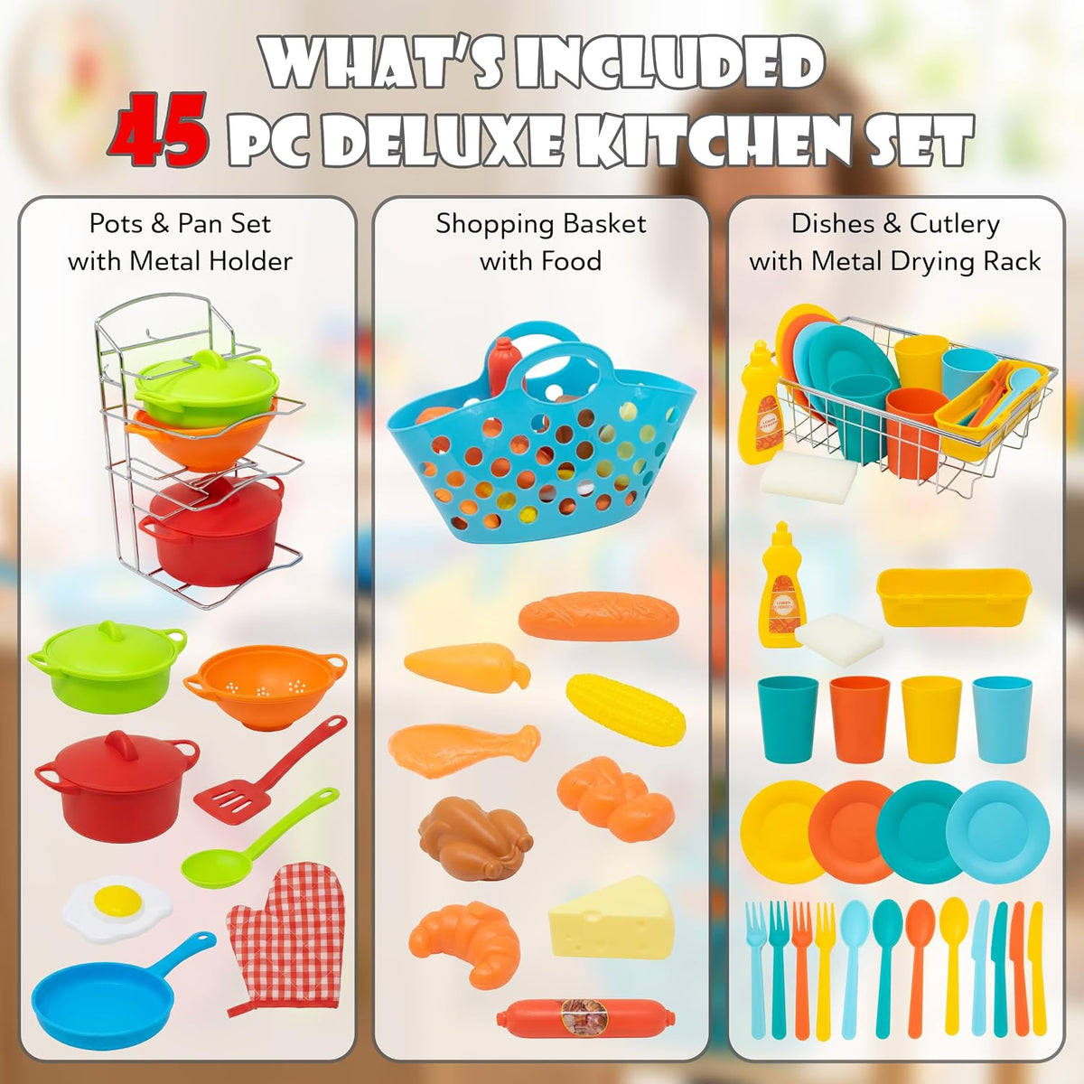 Pots and Pans Playset, Play Dishes Drying Rack, Shopping Basket & Toy Food