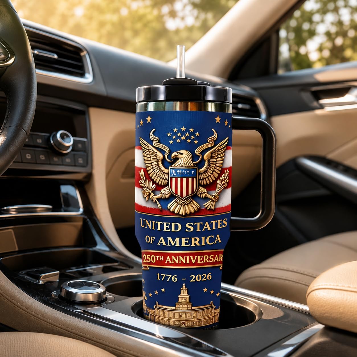 40 oz Patriotic Insulated Tumbler with Handle and Straw, Stainless Steel Travel Mug with Lid, 1776-2026 America 250th Anniversary Design Cup for Car, Home, Office (Style 4)
