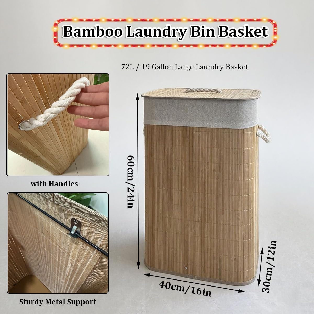 Bamboo Laundry Hamper with Lid, Large Waterproof Clothes Laundry Bin Basket, Removable Washing Bags Rectangular Clothes Hamper with Handles for Home Organization